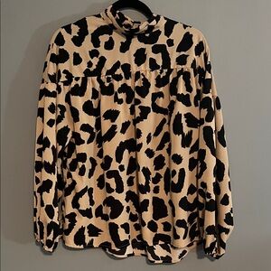 glam Beige and Black Leopard Mock Neck Blouse